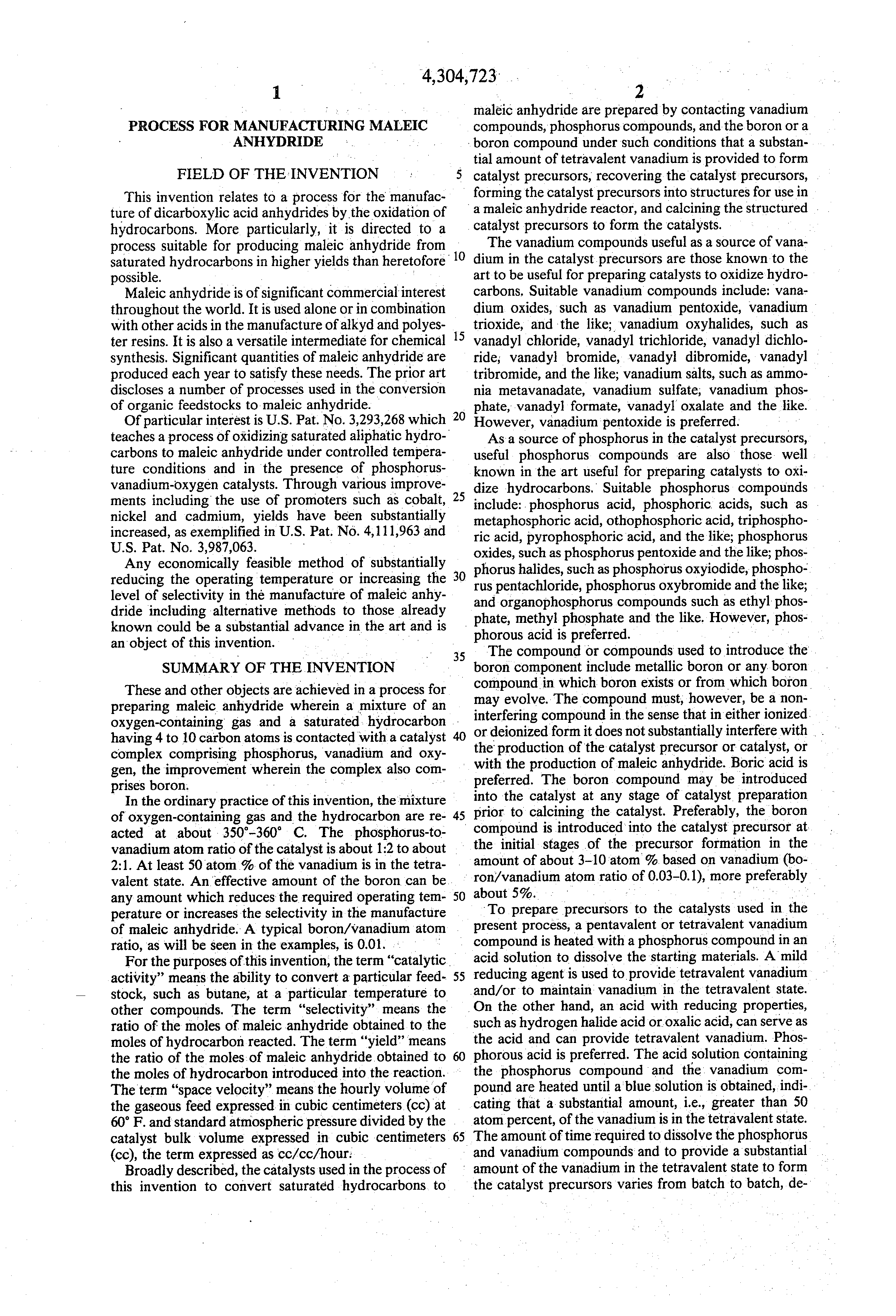 process for manufacturing maleic anhydride