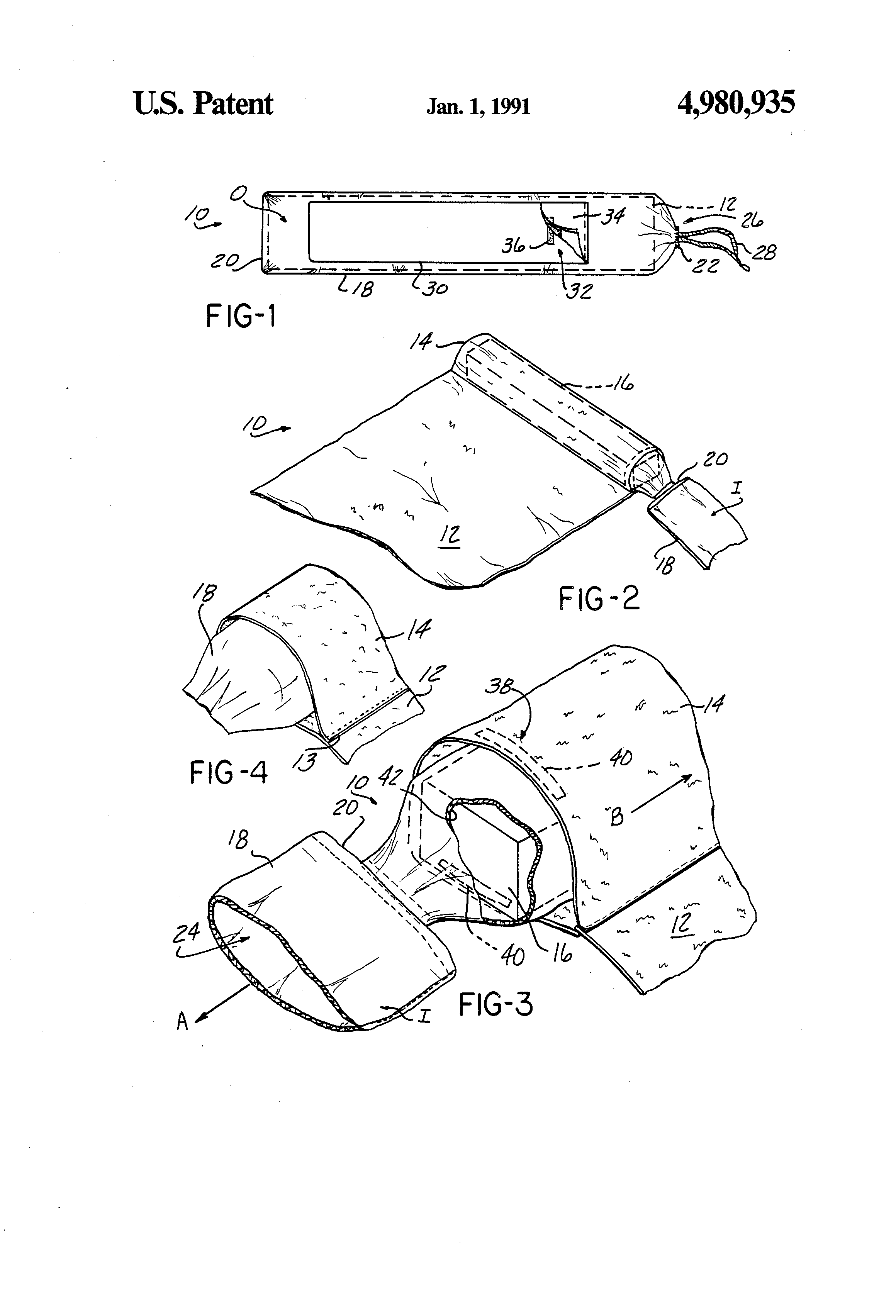 Patent US4980935 Beach towel and pillow removably contained within