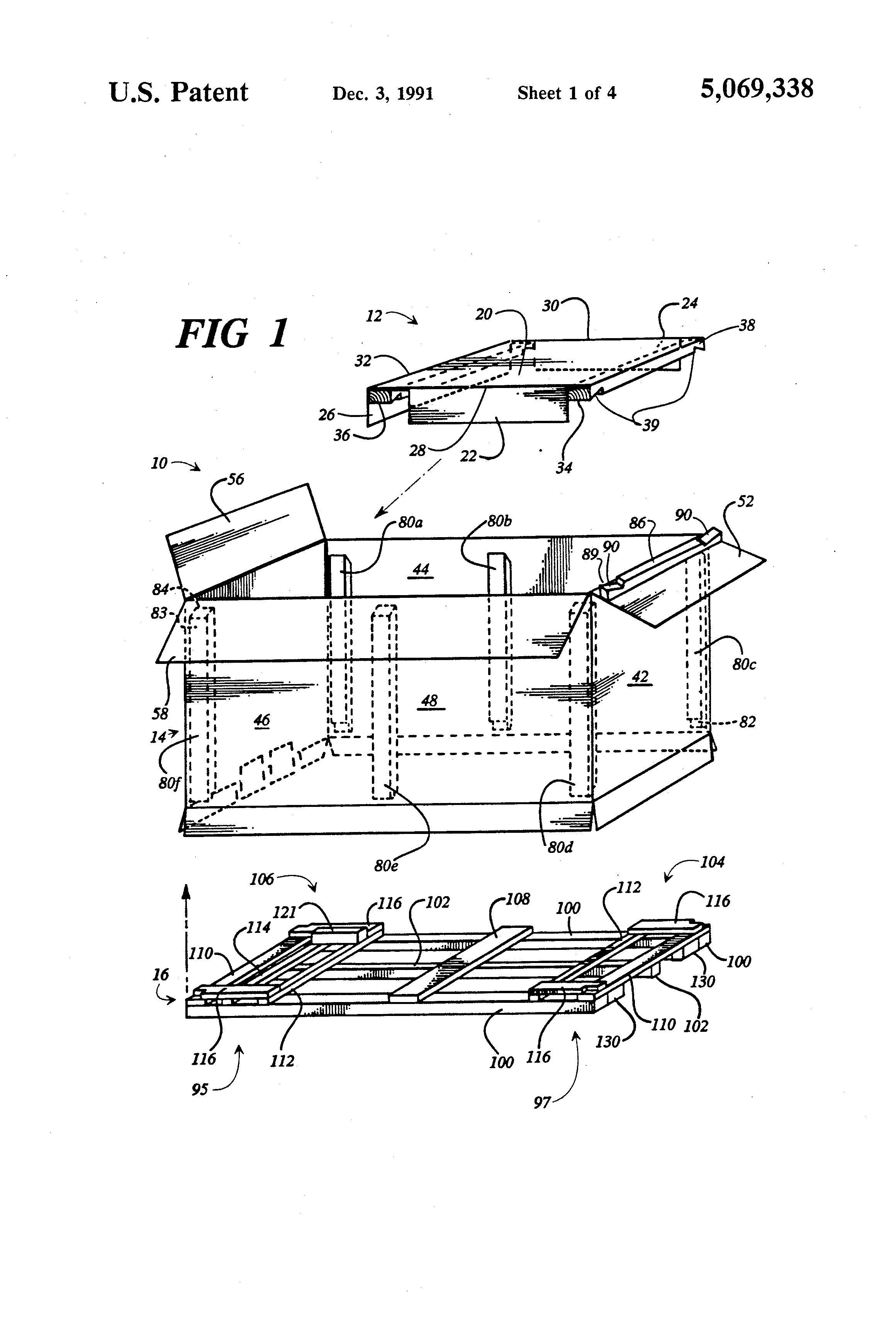 Patent US5069338 Support pad and a pallet with sockets for a wood