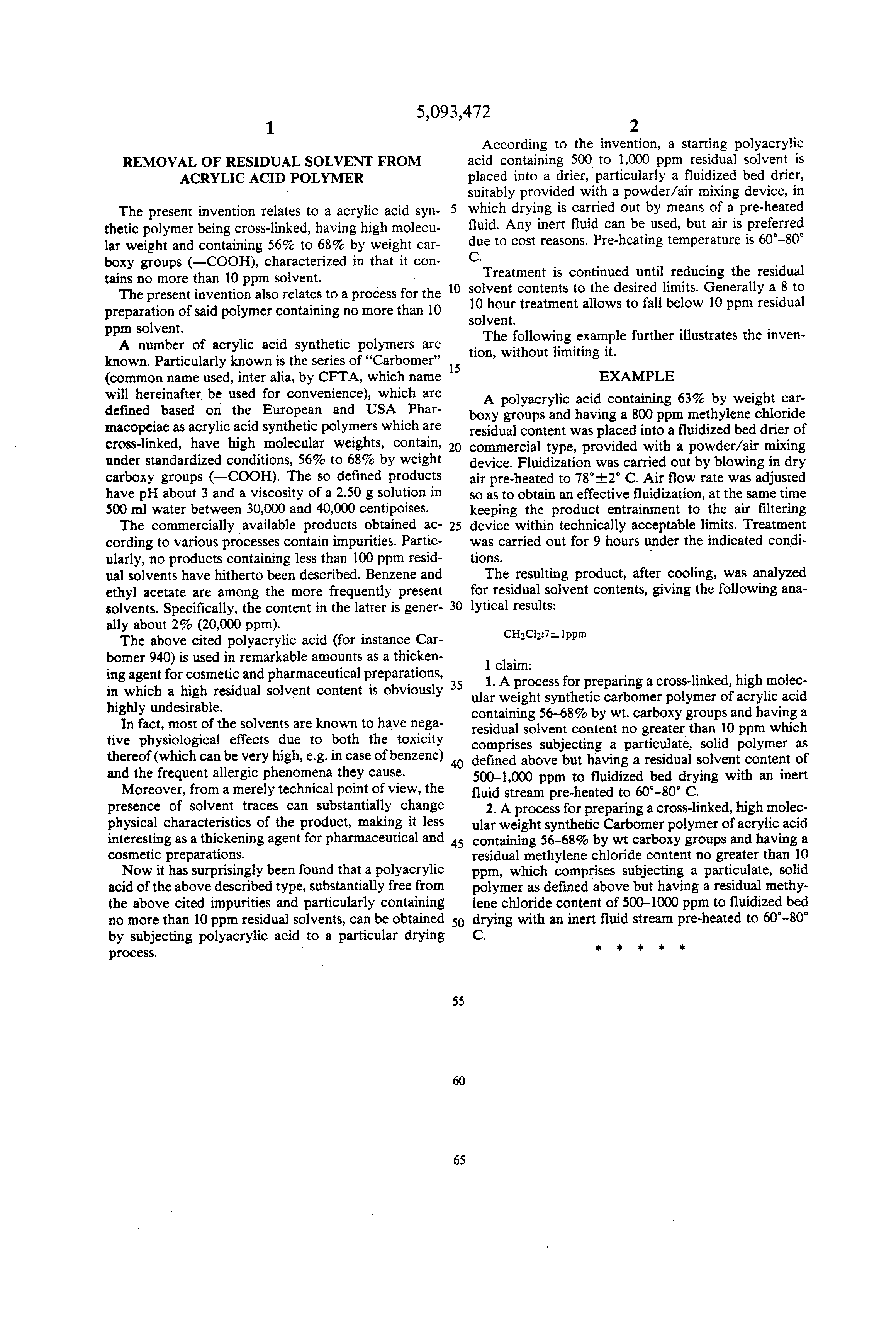 专利us5093472 - removal of residual solvent from acrylic acid
