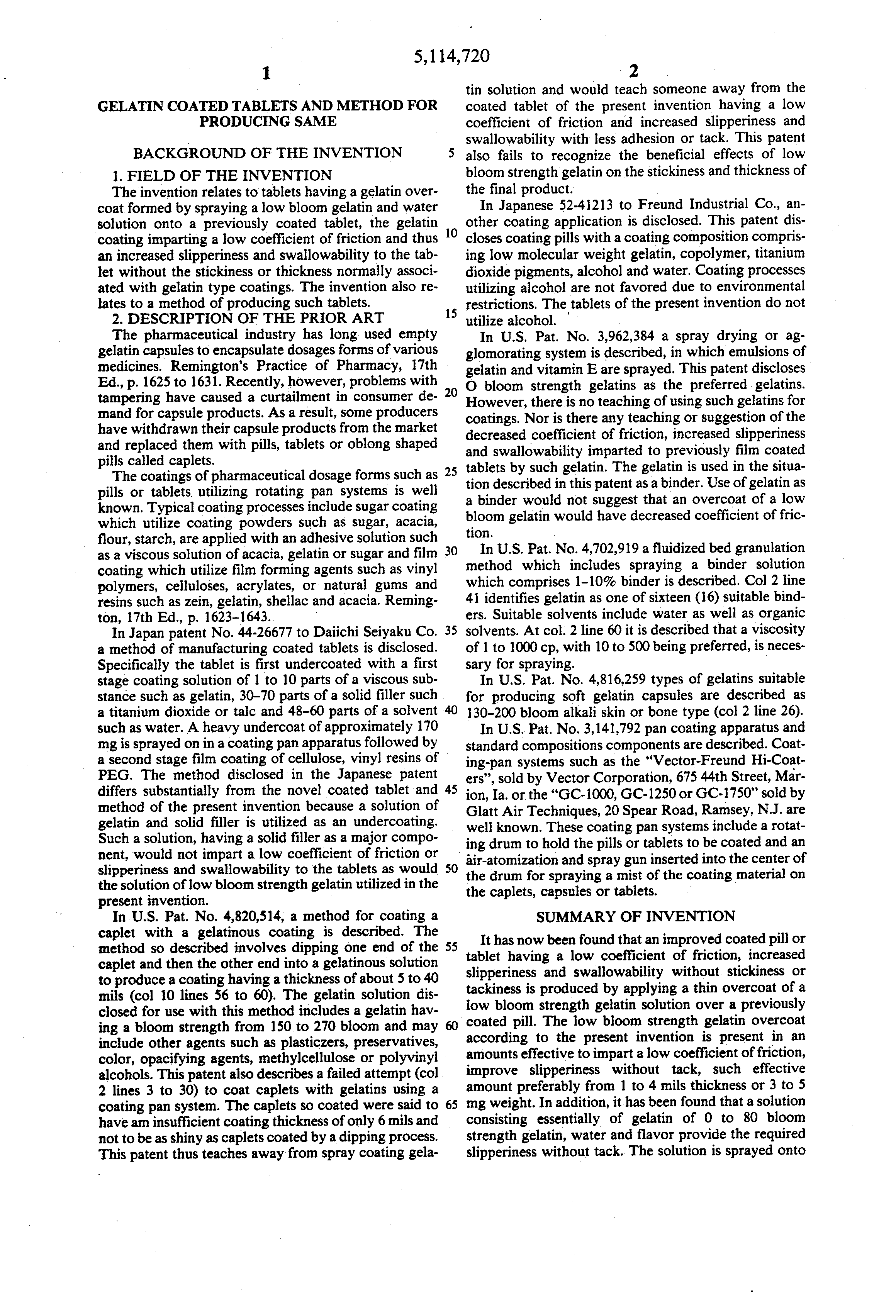Patent US5114720 Gelatin coated tablets and method for producing same