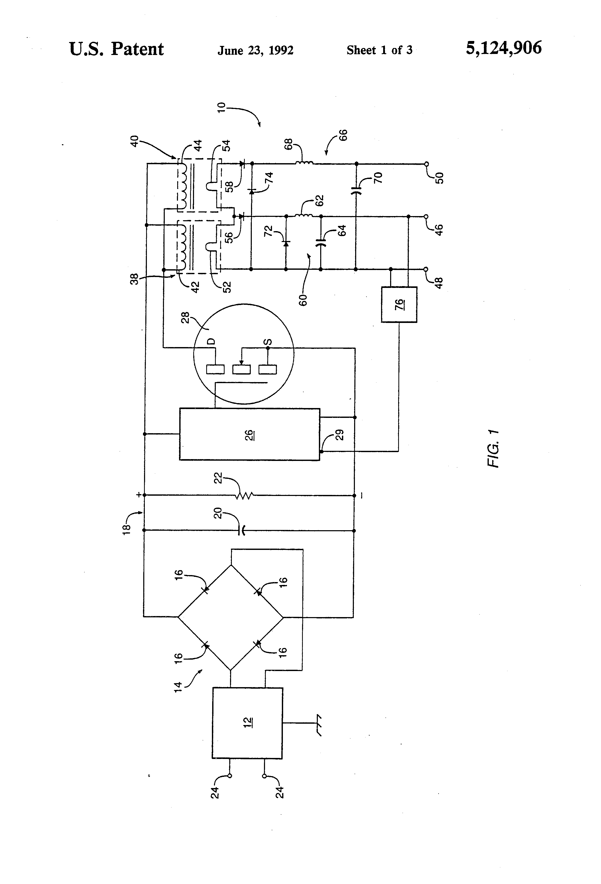 براءة الاختراع us5124906 multiple transformer switch mode power
