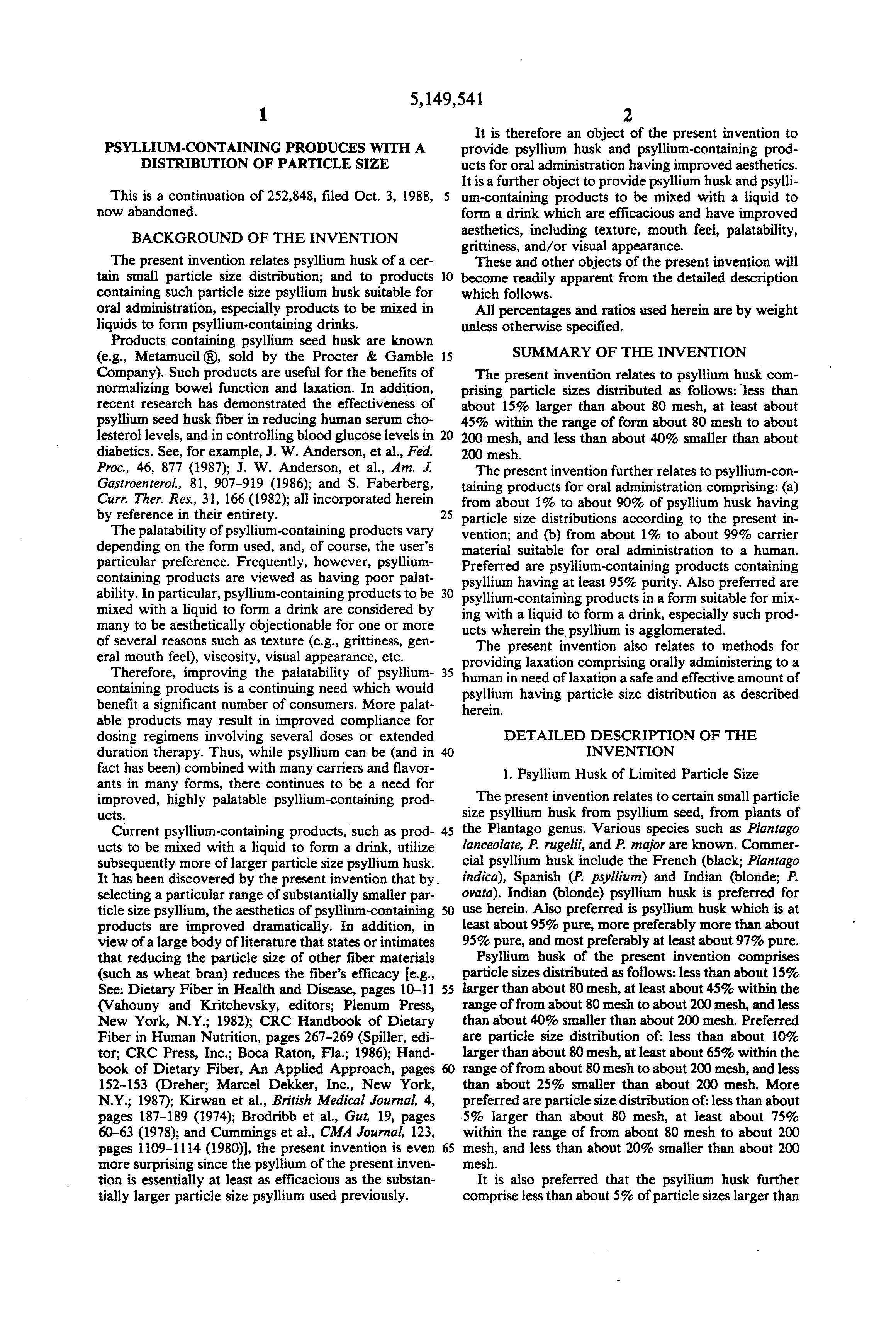 psyllium-containing produces with a distribution of particle