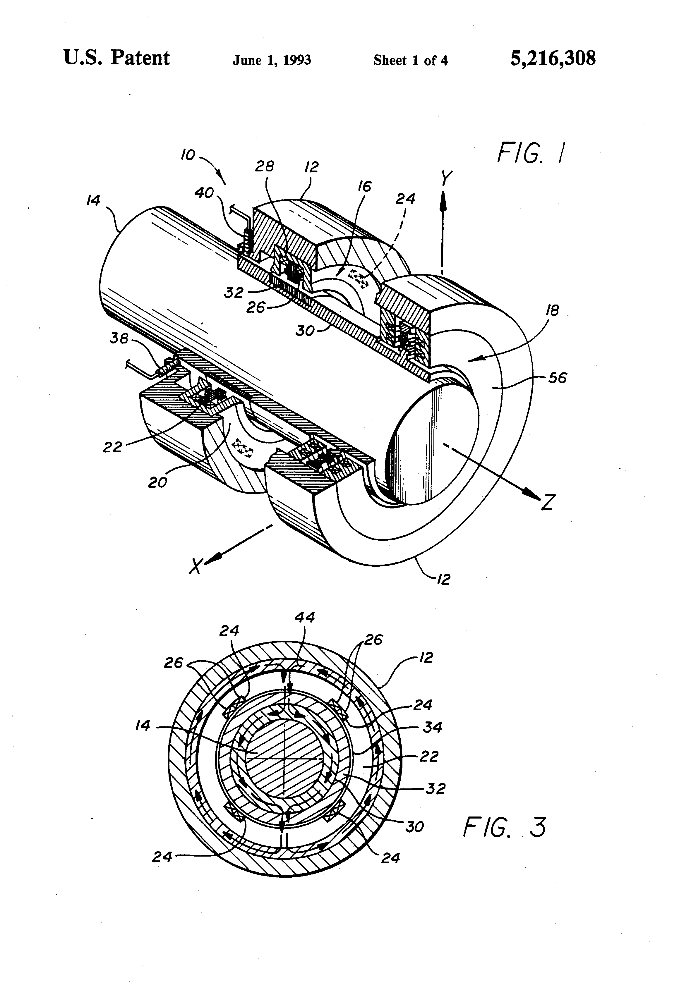 Patent US5216308 bearing structure providing radial, axial