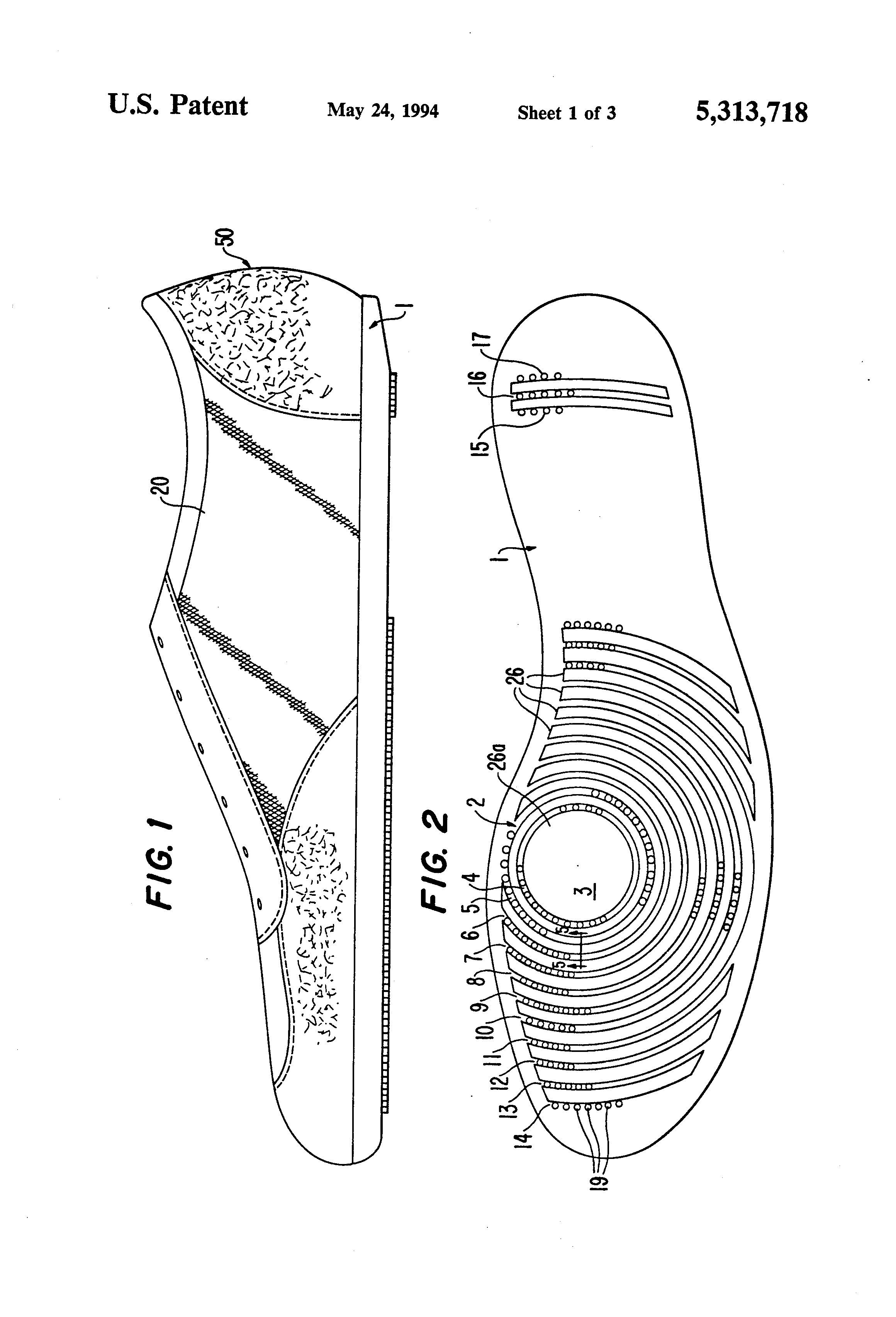 Patent US5313718 Athletic shoe with bendable traction projections