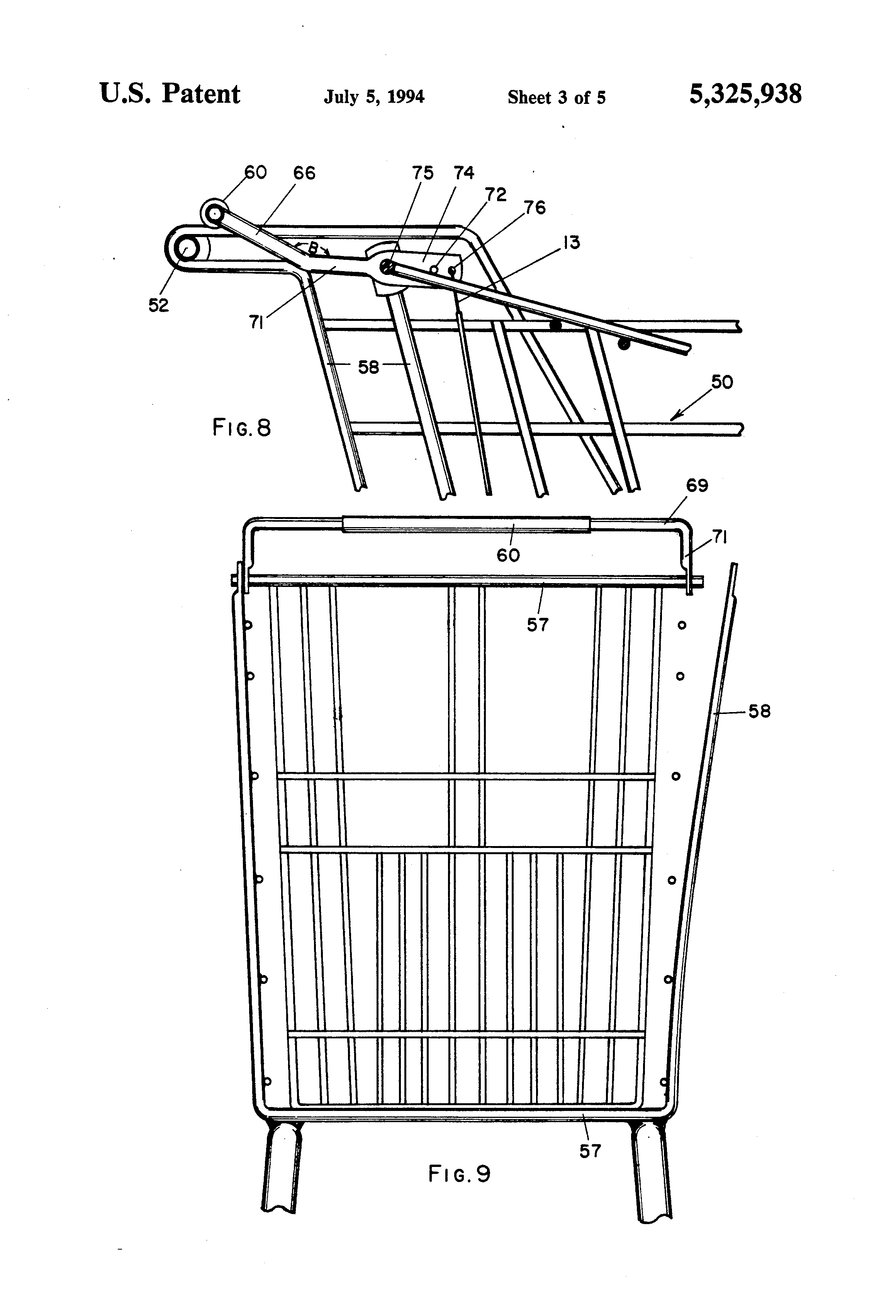 Patent US5325938 Automatic shopping cart brake engaged by nesting of