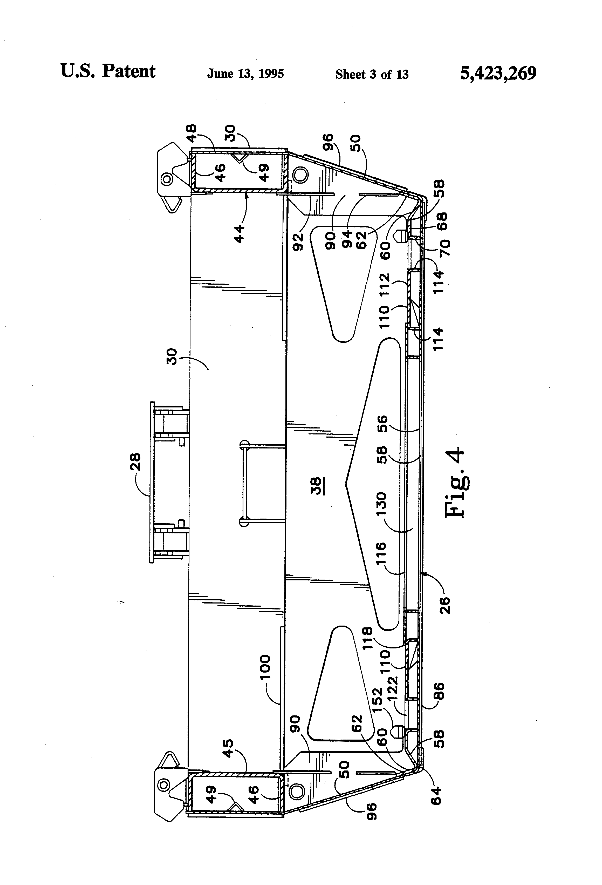 Patent US5423269 Railroad well car body including side sill