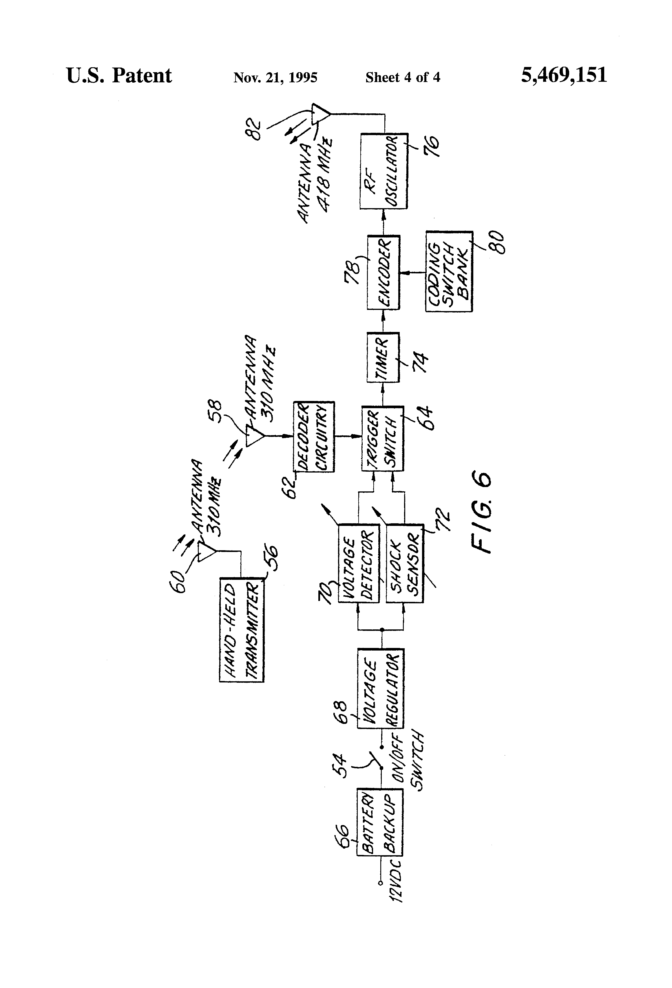 Patent US5469151 - Remote control car alarm system with wireless module