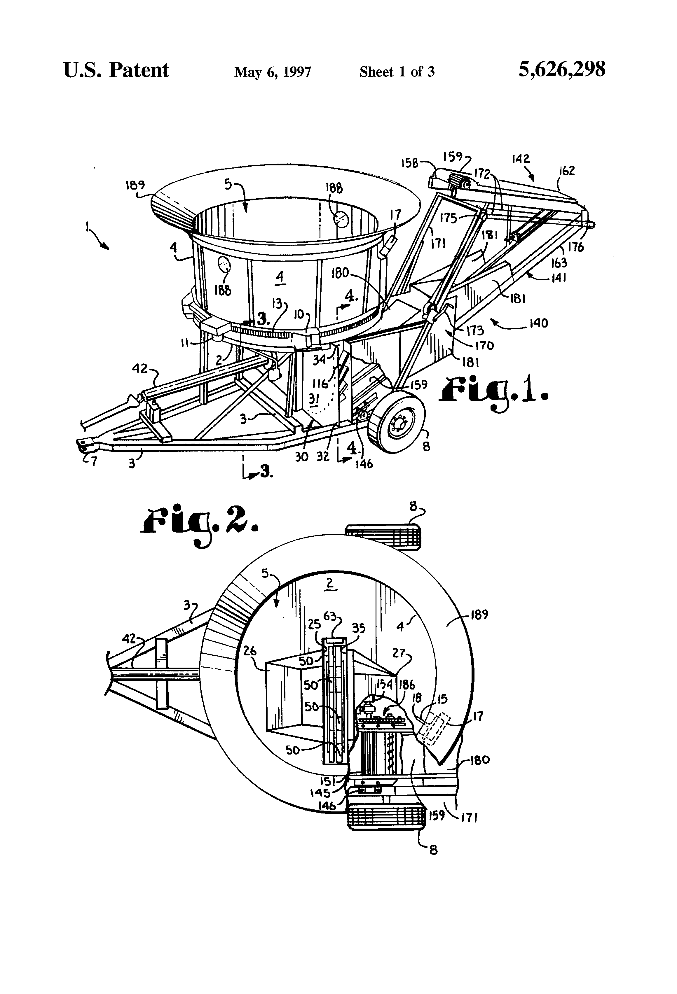 Patent US5626298 Tub grinder with rear discharge hammer mill and