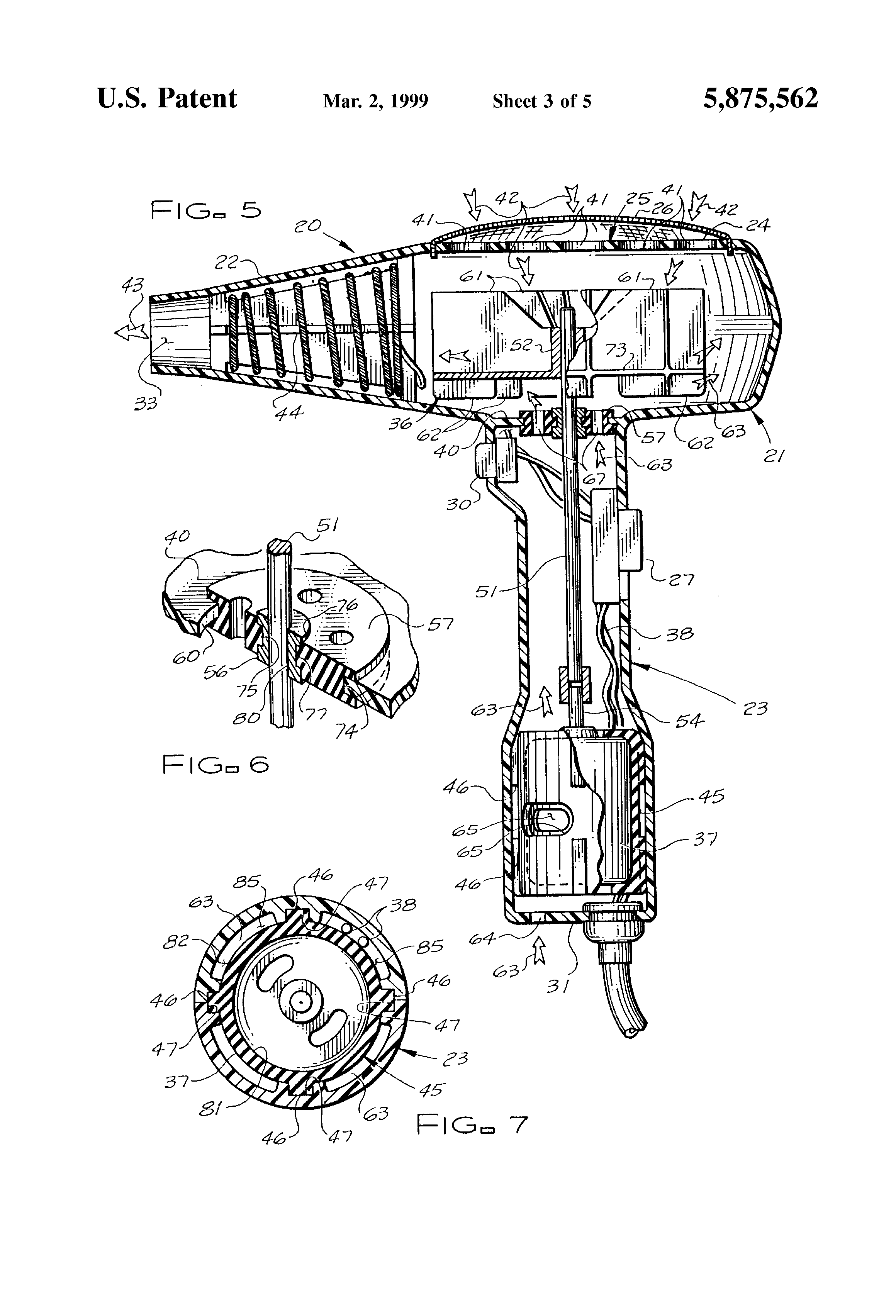 Patent US5875562 Handheld hair dryer with vibration and noise