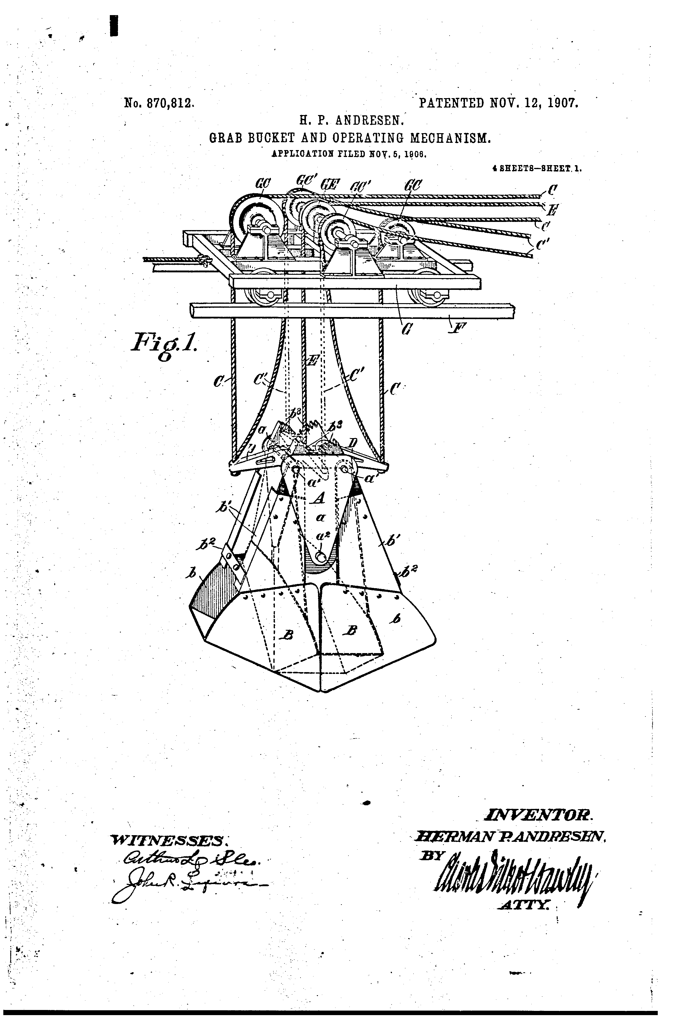 Patent US870812 Grabbucket and operating mechanism. Google Patents
